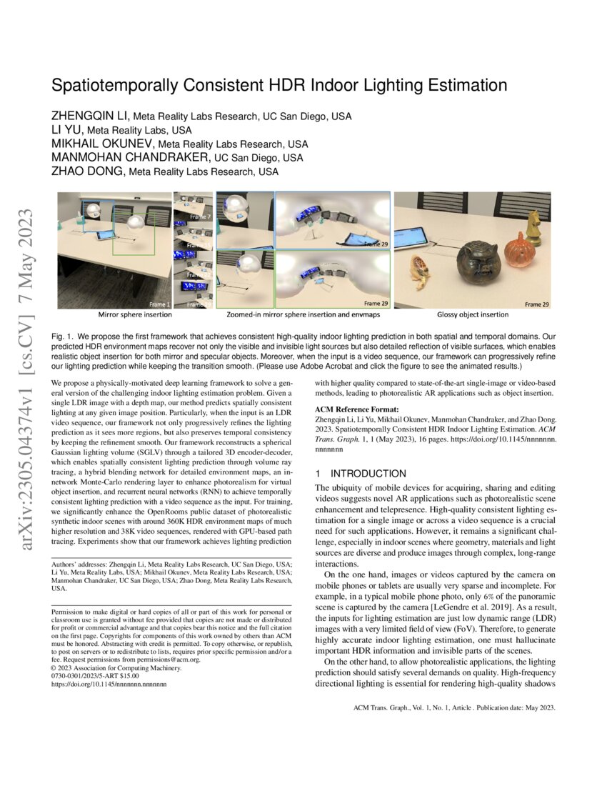 Spatiotemporally Consistent HDR Indoor Lighting Estimation DeepAI