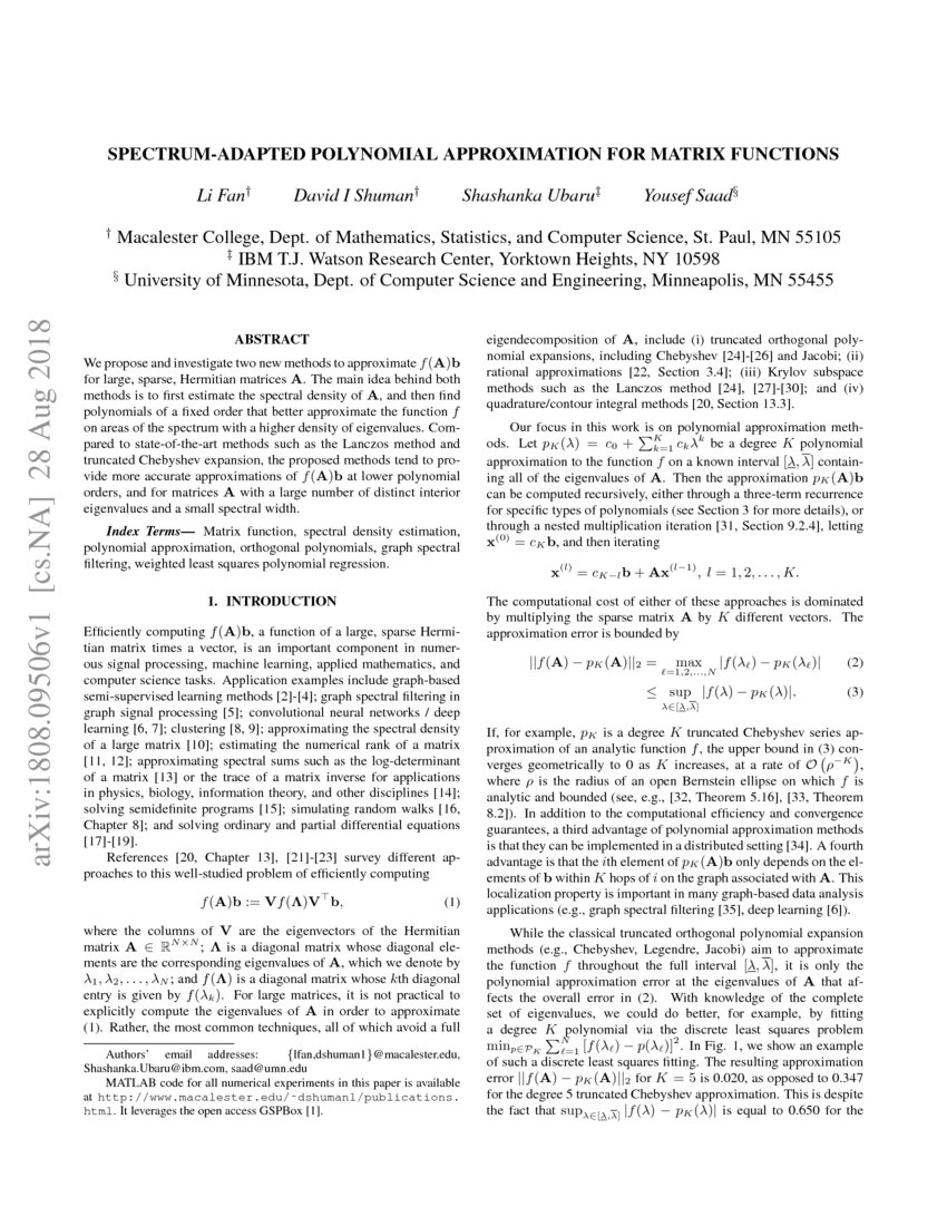 Spectrum-Adapted Polynomial Approximation for Matrix Functions | DeepAI