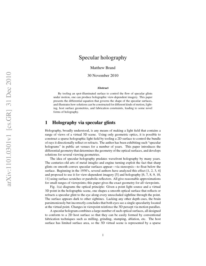 Specular holography DeepAI