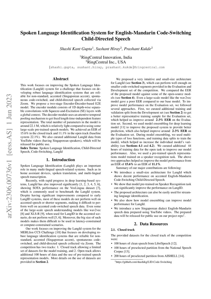 Spoken Language Identification System for EnglishMandarin Code