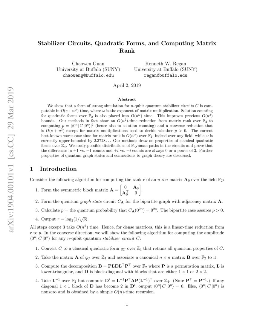 Stabilizer Circuits, Quadratic Forms, and Computing Matrix Rank DeepAI