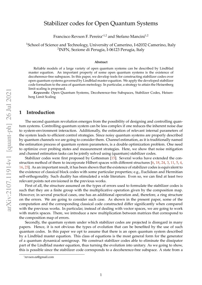 Stabilizer codes for Open Quantum Systems DeepAI