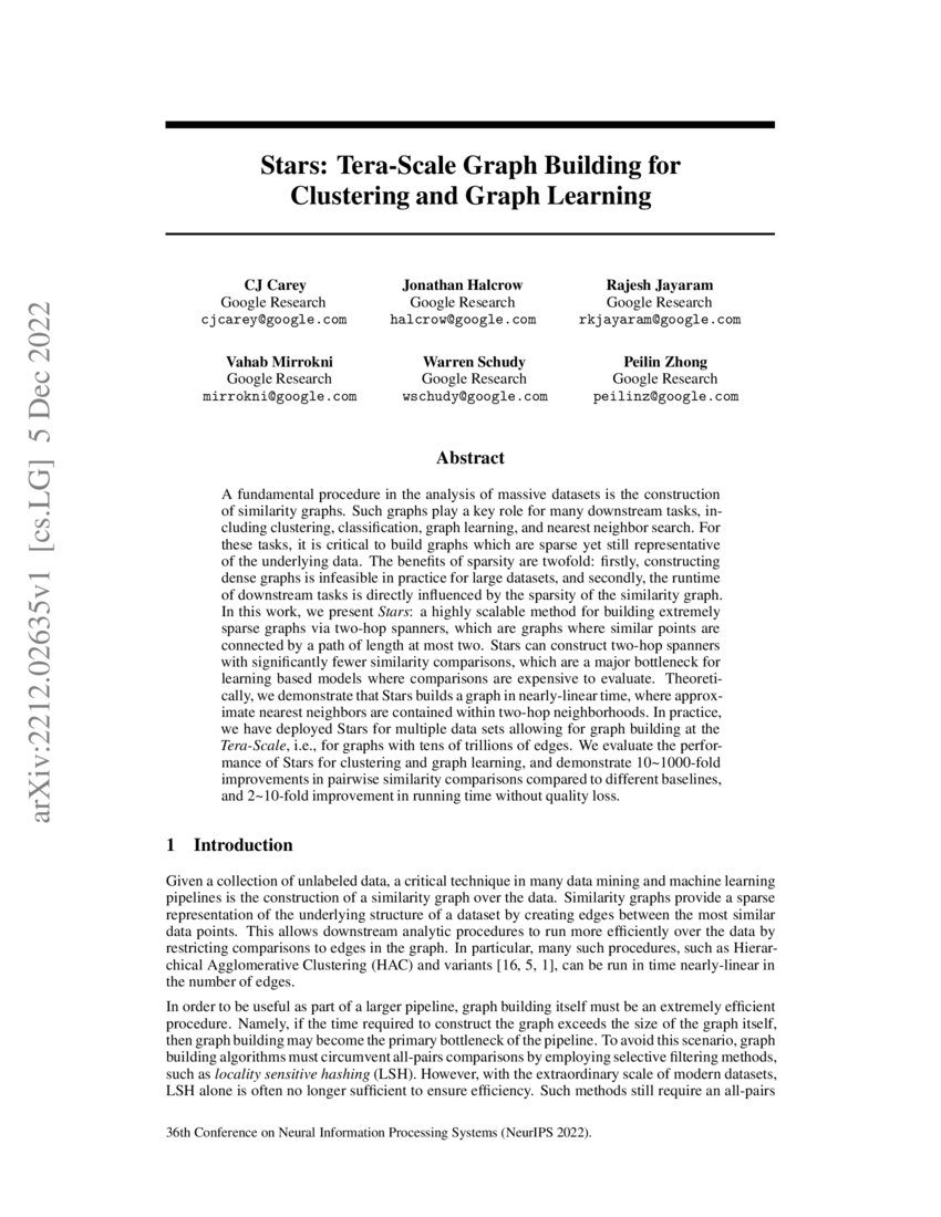 Stars: Tera-Scale Graph Building for Clustering and Graph Learning | DeepAI