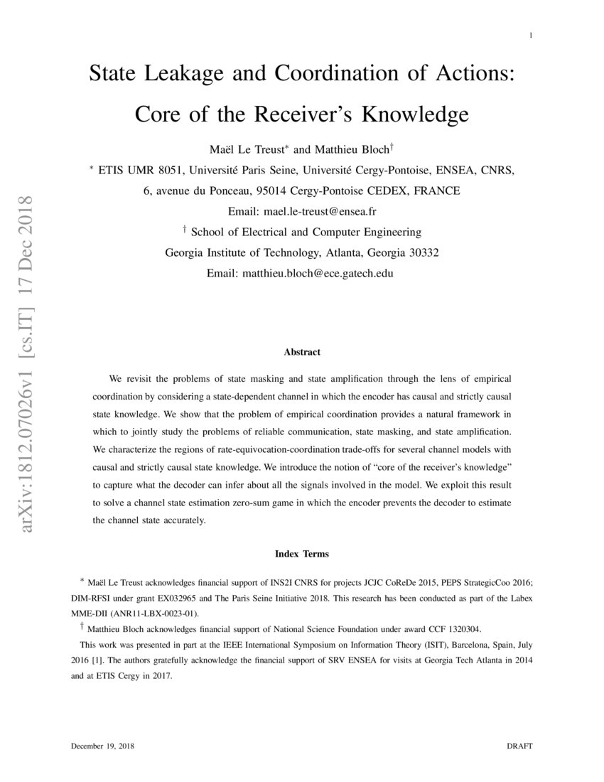 State Leakage and Coordination of Actions Core of the Receiver's