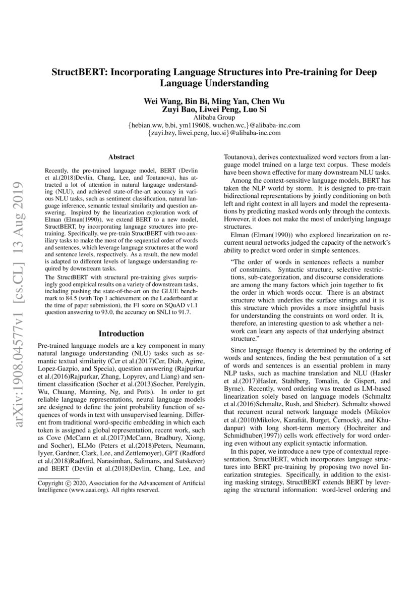StructBERT: Incorporating Language Structures into Pre-training for ...