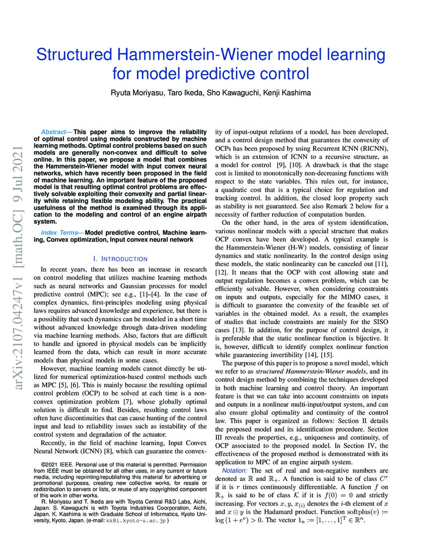 Structured HammersteinWiener Model Learning for Model Predictive