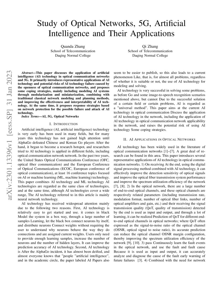 Study of Optical Networks, 5G, Artificial Intelligence and Their Applications DeepAI
