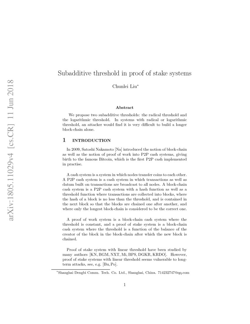 Subadditive threshold in proof of stake system | DeepAI