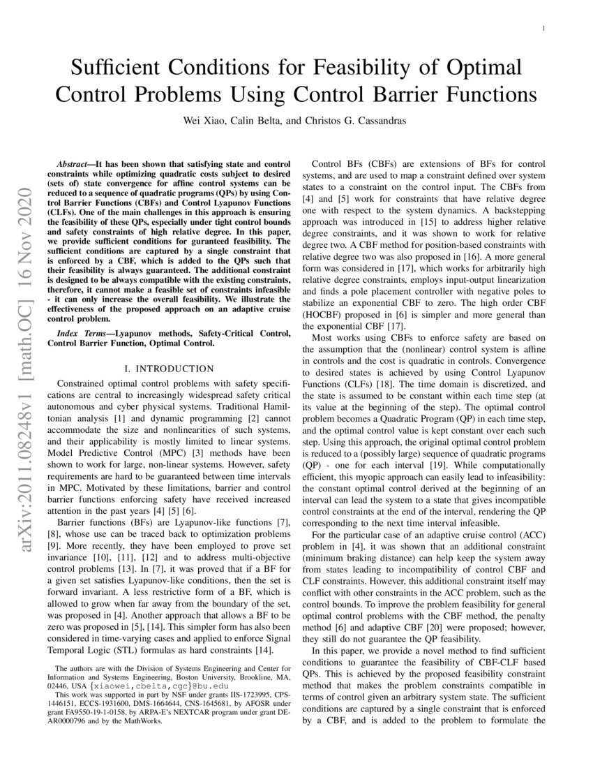 Sufficient Conditions for Feasibility of Optimal Control Problems Using