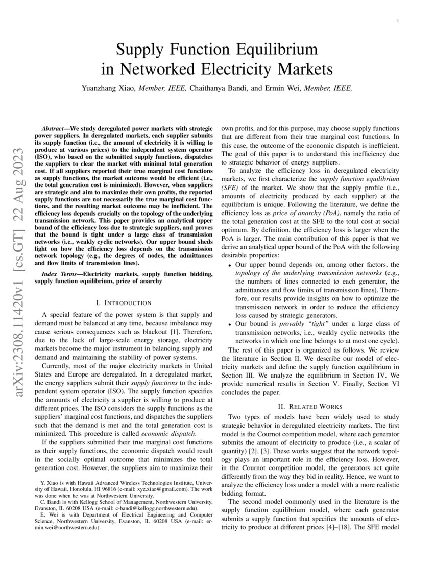Supply Function Equilibrium in Networked Electricity Markets DeepAI