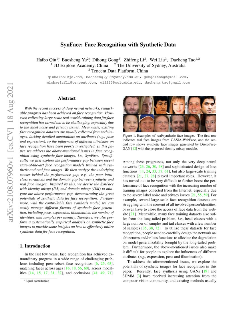 Synface Face Recognition With Synthetic Data Deepai Synface Face Recognition With Synthetic Data Deepai