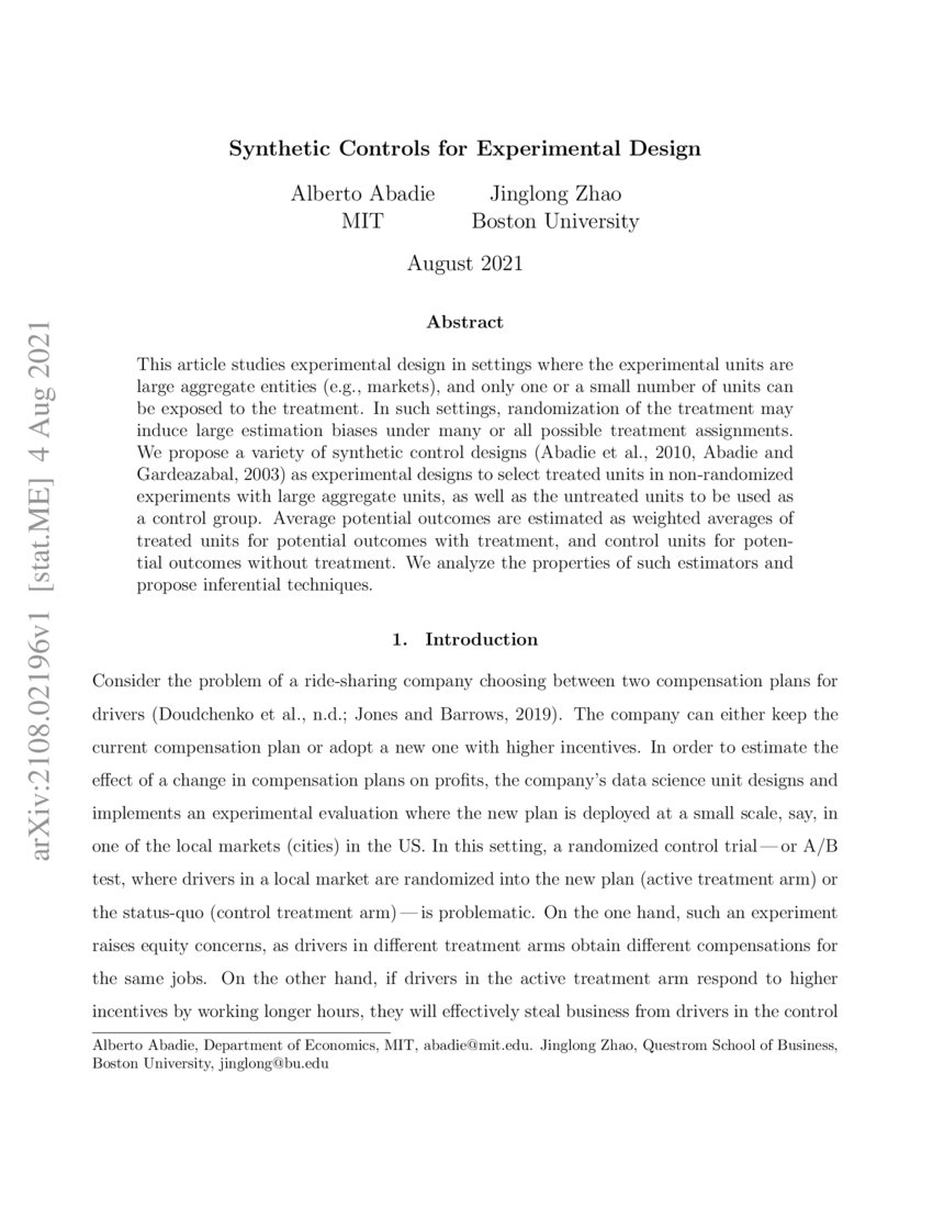 Synthetic Controls for Experimental Design DeepAI