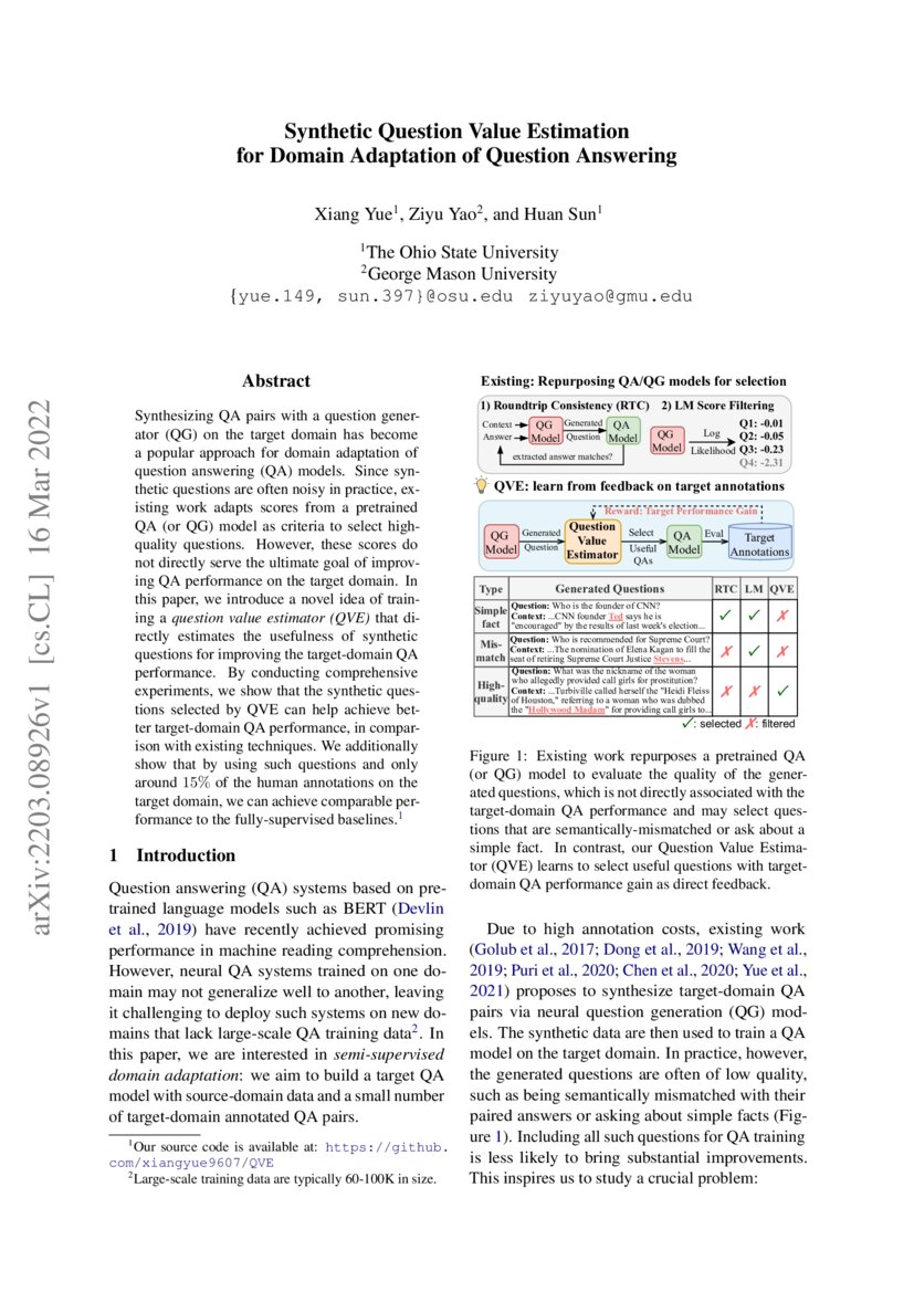 Synthetic Question Value Estimation for Domain Adaptation of Question