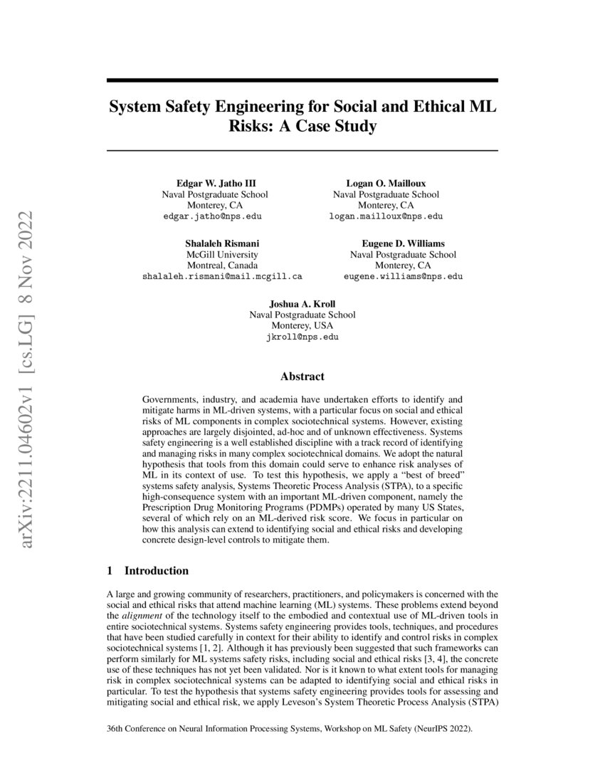 System Safety Engineering for Social and Ethical ML Risks A Case Study