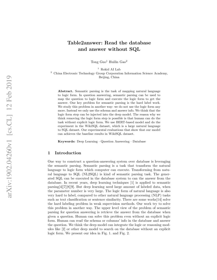 Table2answer: Read the database and answer without SQL | DeepAI