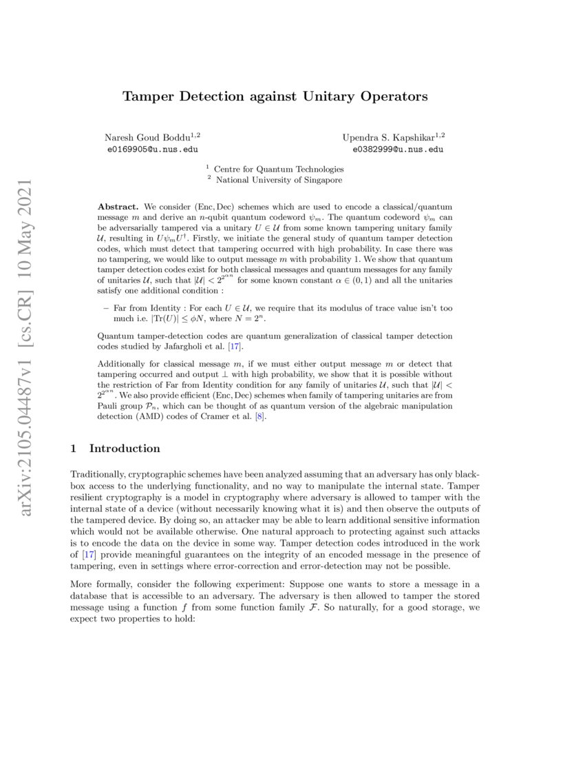 Tamper Detection against Unitary Operators DeepAI