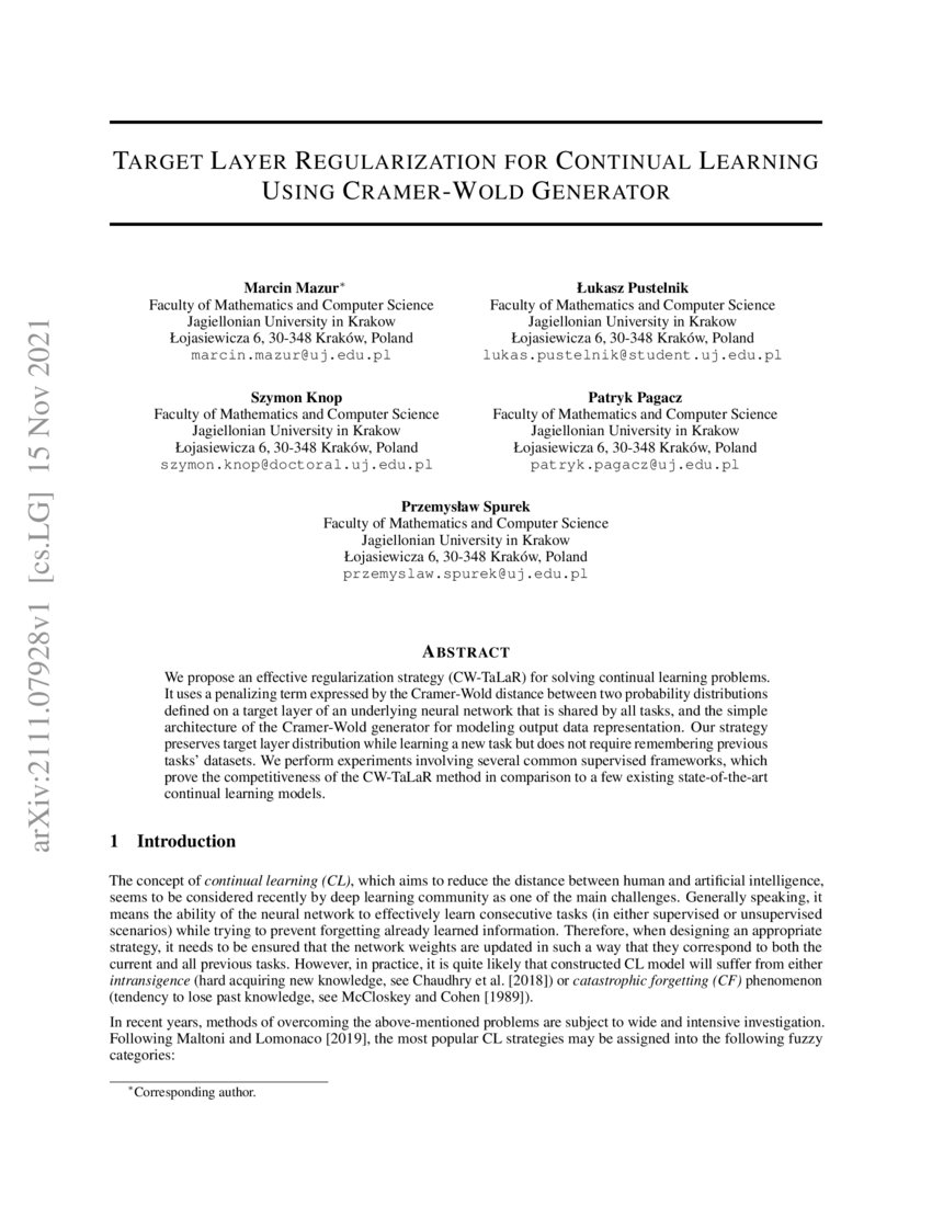 Target Layer Regularization for Continual Learning Using CramerWold