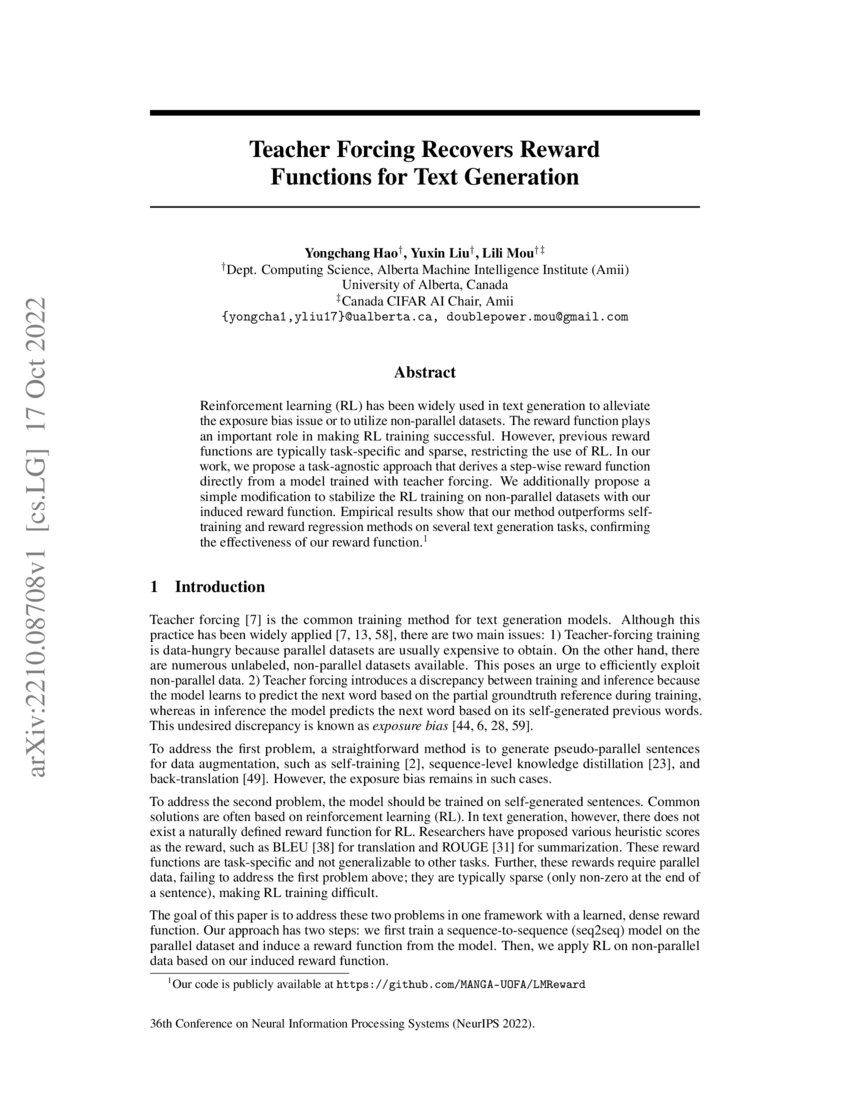 Teacher Forcing Recovers Reward Functions For Text Generation DeepAI Teacher forcing recovers reward functions for text generation deepai