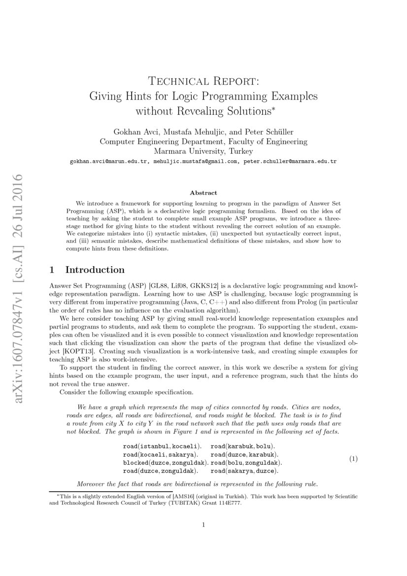 Technical Report Giving Hints for Logic Programming Examples without