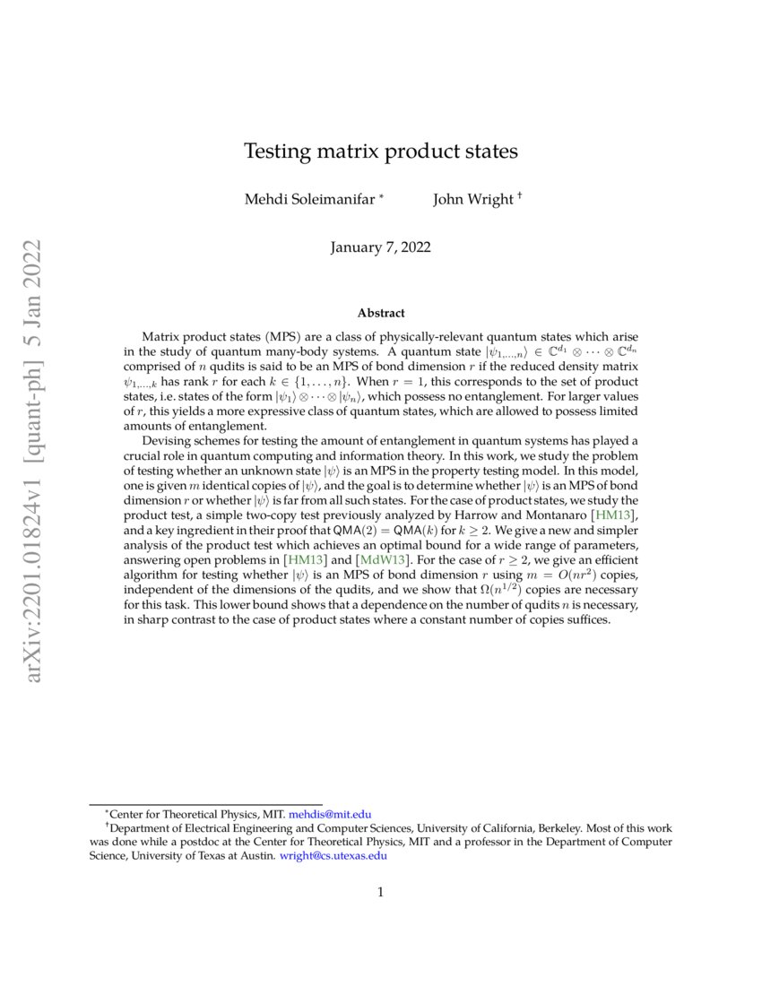 Testing matrix product states | DeepAI