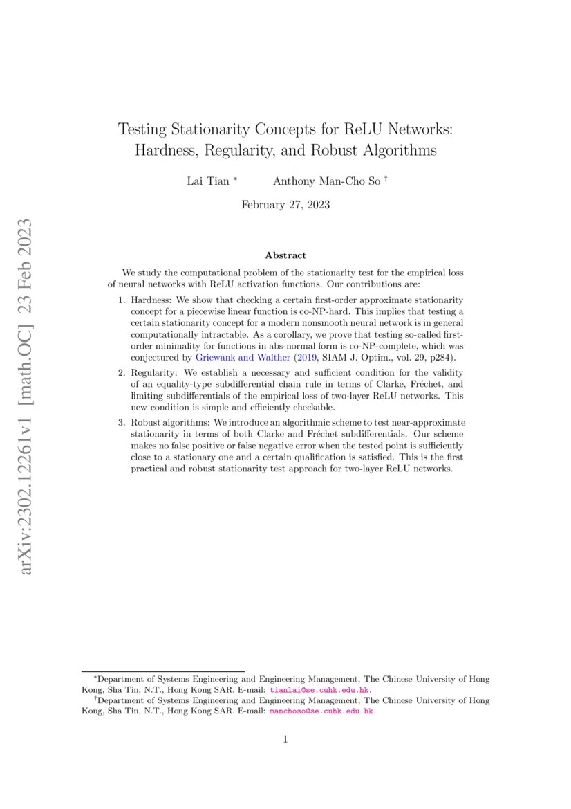 Testing Stationarity Concepts for ReLU Networks Hardness, Regularity
