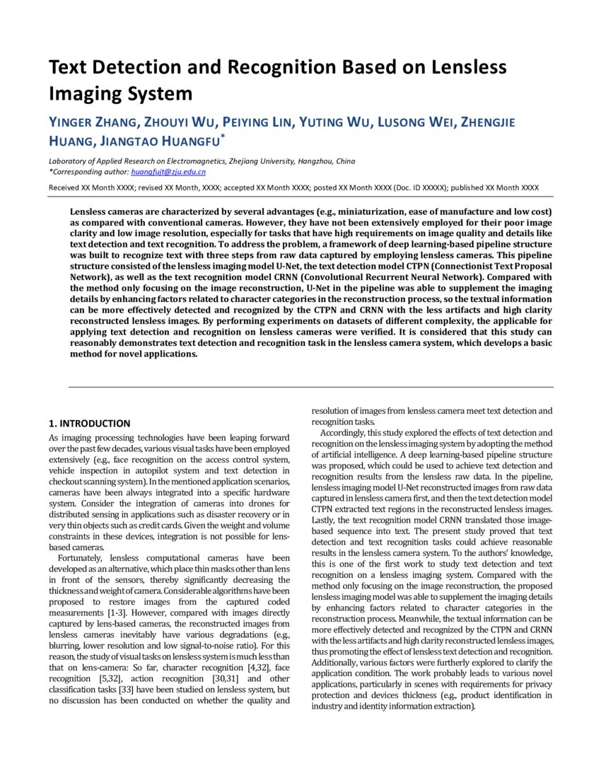 Text detection and recognition based on a lensless imaging system | DeepAI