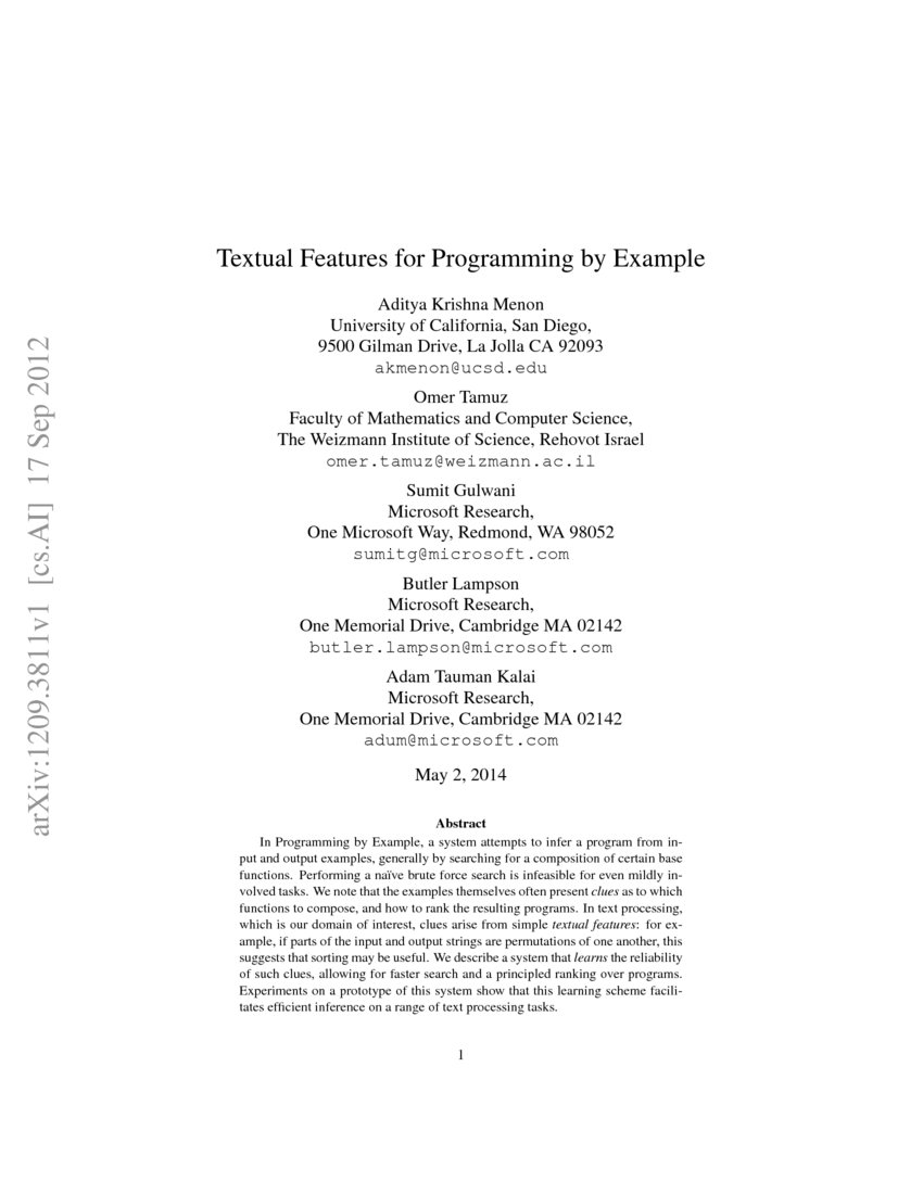 Textual Features for Programming by Example | DeepAI