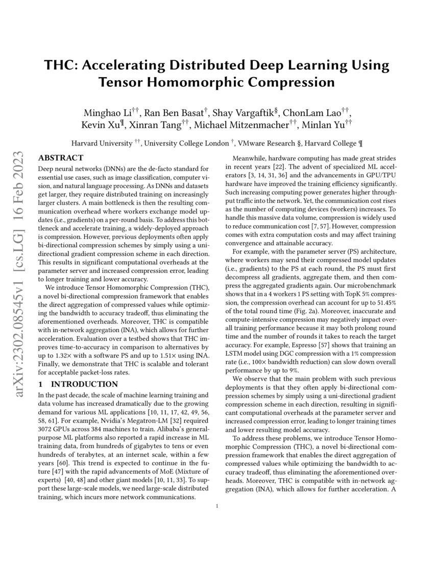 THC Accelerating Distributed Deep Learning Using Tensor Homomorphic