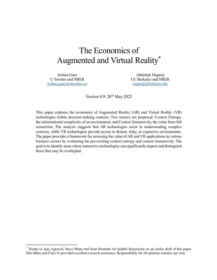 The Economics of Augmented and Virtual Reality DeepAI