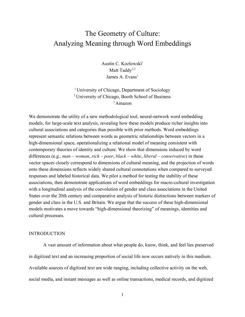 The Geometry of Culture Analyzing Meaning through Word Embeddings DeepAI