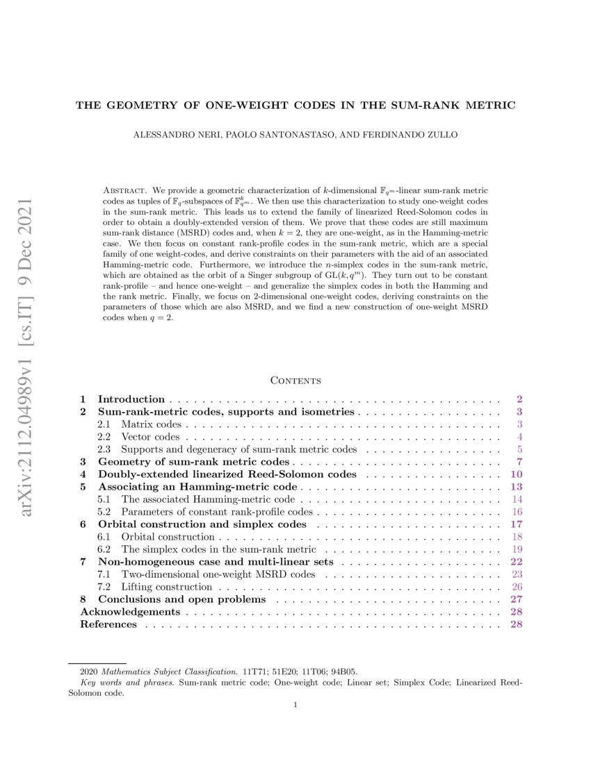 The geometry of one-weight codes in the sum-rank metric | DeepAI