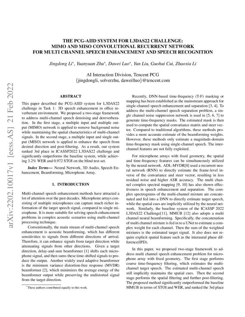 The PCGAIID System for L3DAS22 Challenge MIMO and MISO convolutional recurrent Network for