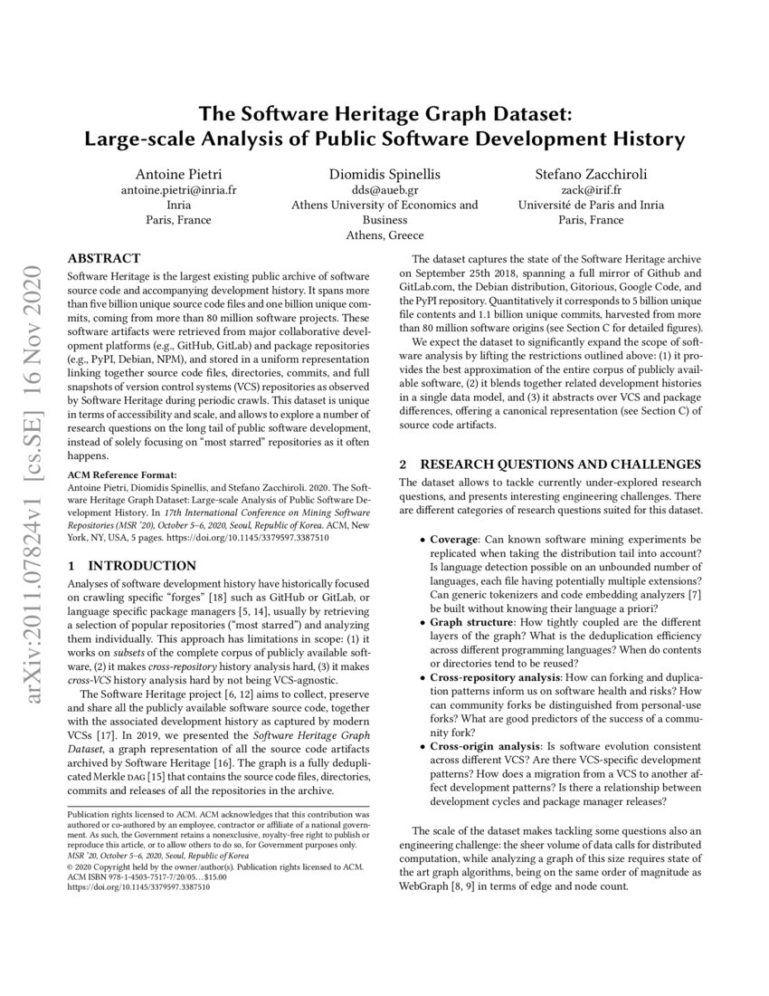 The Software Heritage Graph Dataset Large Scale Analysis Of Public Software Development History Deepai