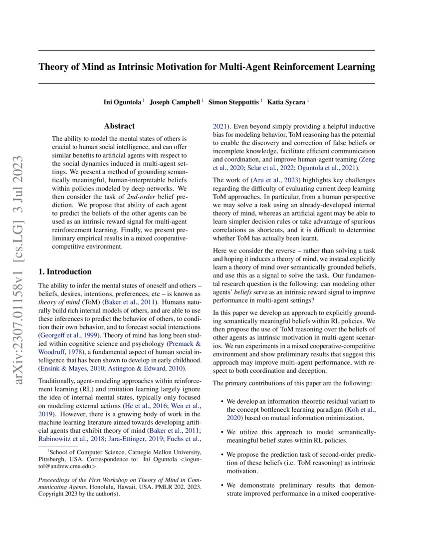 Theory of Mind as Intrinsic Motivation for MultiAgent Reinforcement