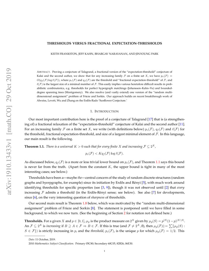 Thresholds versus fractional expectationthresholds DeepAI