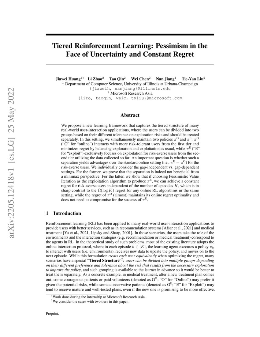Tiered Reinforcement Learning: Pessimism in the Face of Uncertainty and ...
