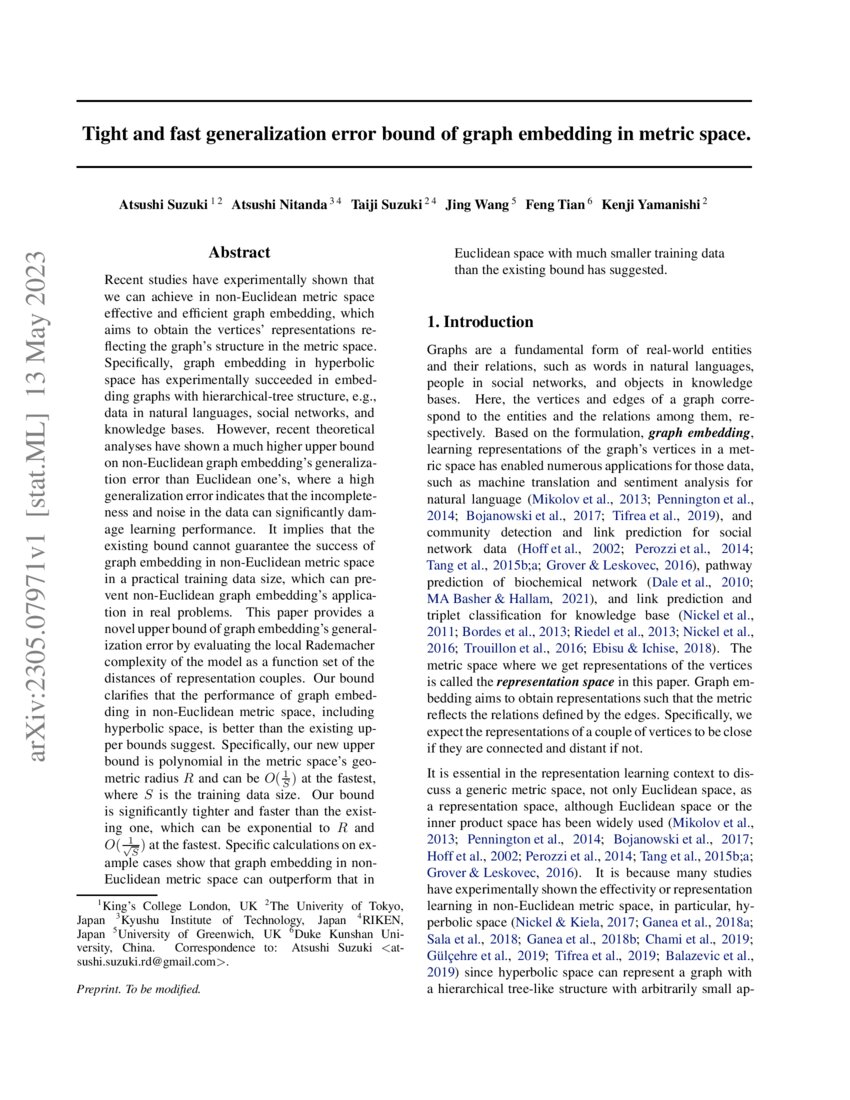 Tight And Fast Generalization Error Bound Of Graph Embedding In Metric Tight and fast generalization error bound of graph embedding in metric