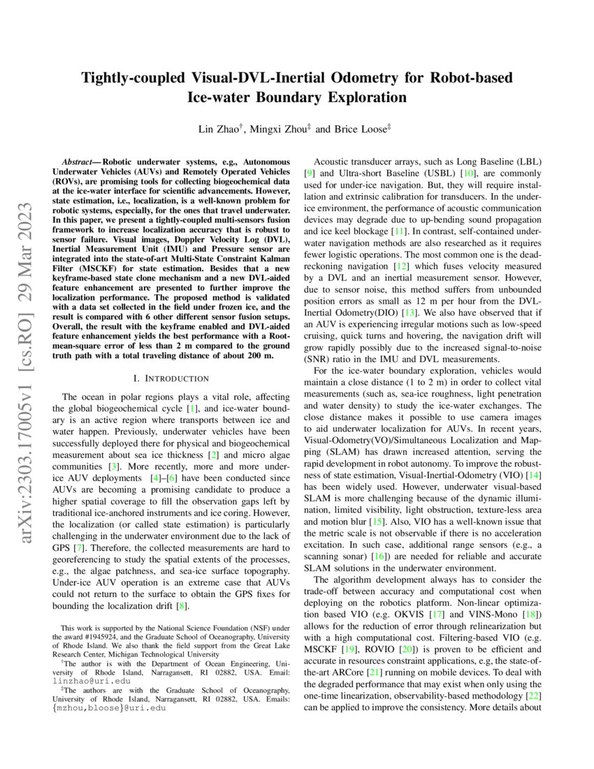 Tightly-coupled Visual-DVL-Inertial Odometry for Robot-based Ice-water ...