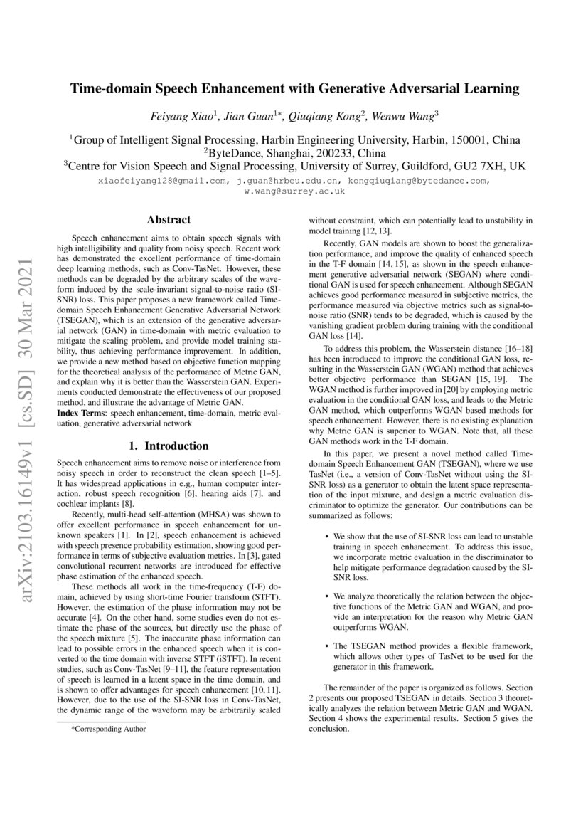 Timedomain Speech Enhancement with Generative Adversarial Learning