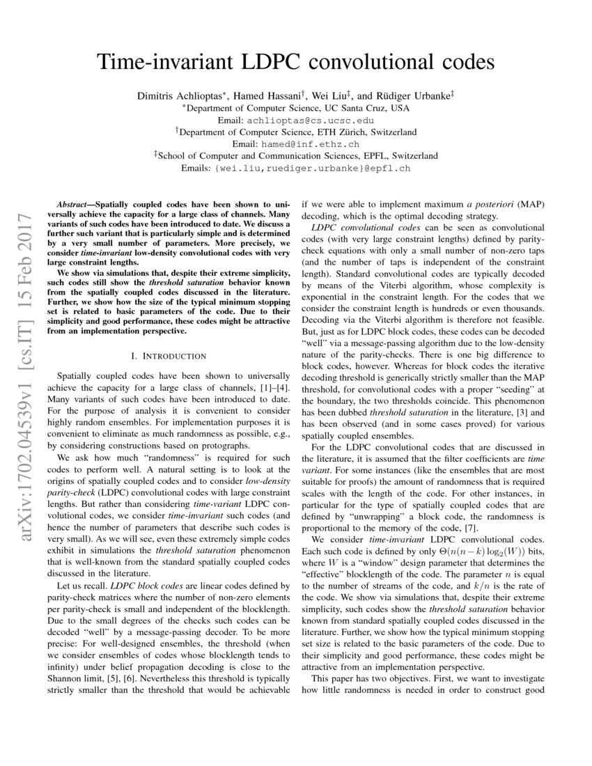 TimeInvariant LDPC Convolutional Codes DeepAI