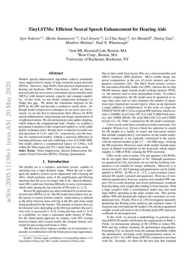 TinyLSTMs Efficient Neural Speech Enhancement for Hearing Aids DeepAI