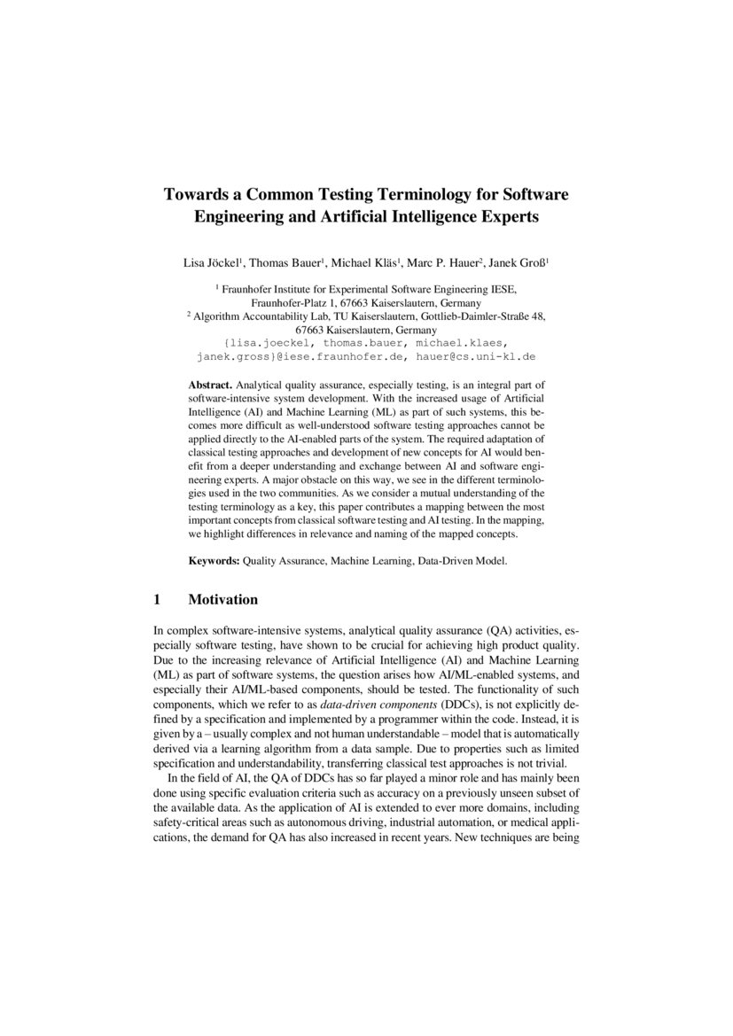 Towards a Common Testing Terminology for Software Engineering and Data