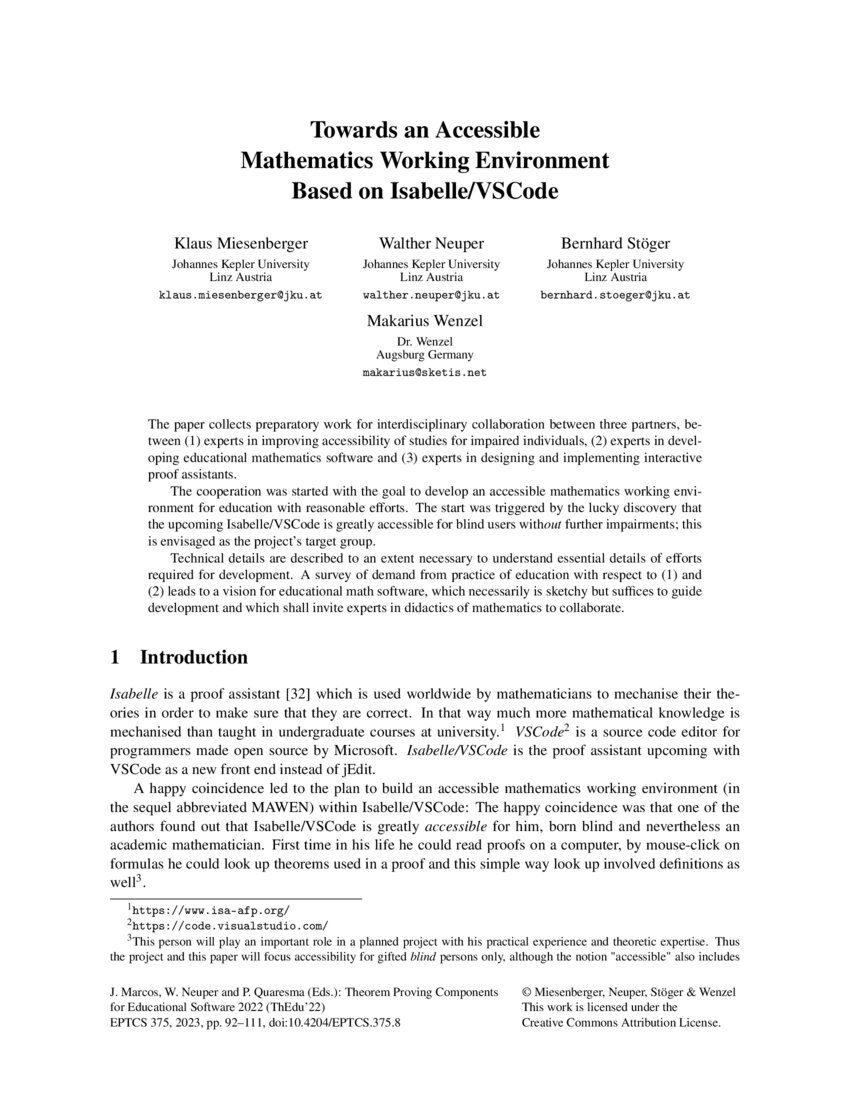 Towards An Accessible Mathematics Working Environment Based On Isabelle