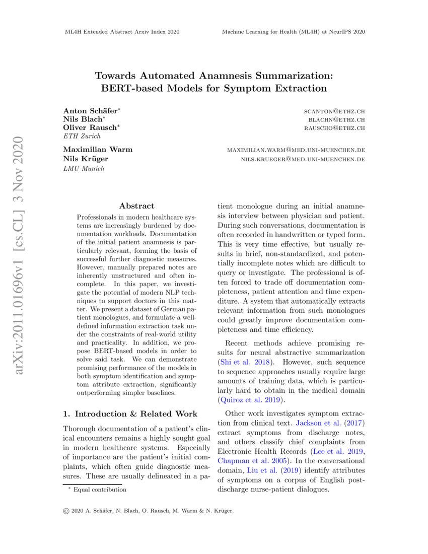 Towards Automated Anamnesis Summarization BERT based Models For Towards automated anamnesis summarization bert based models for