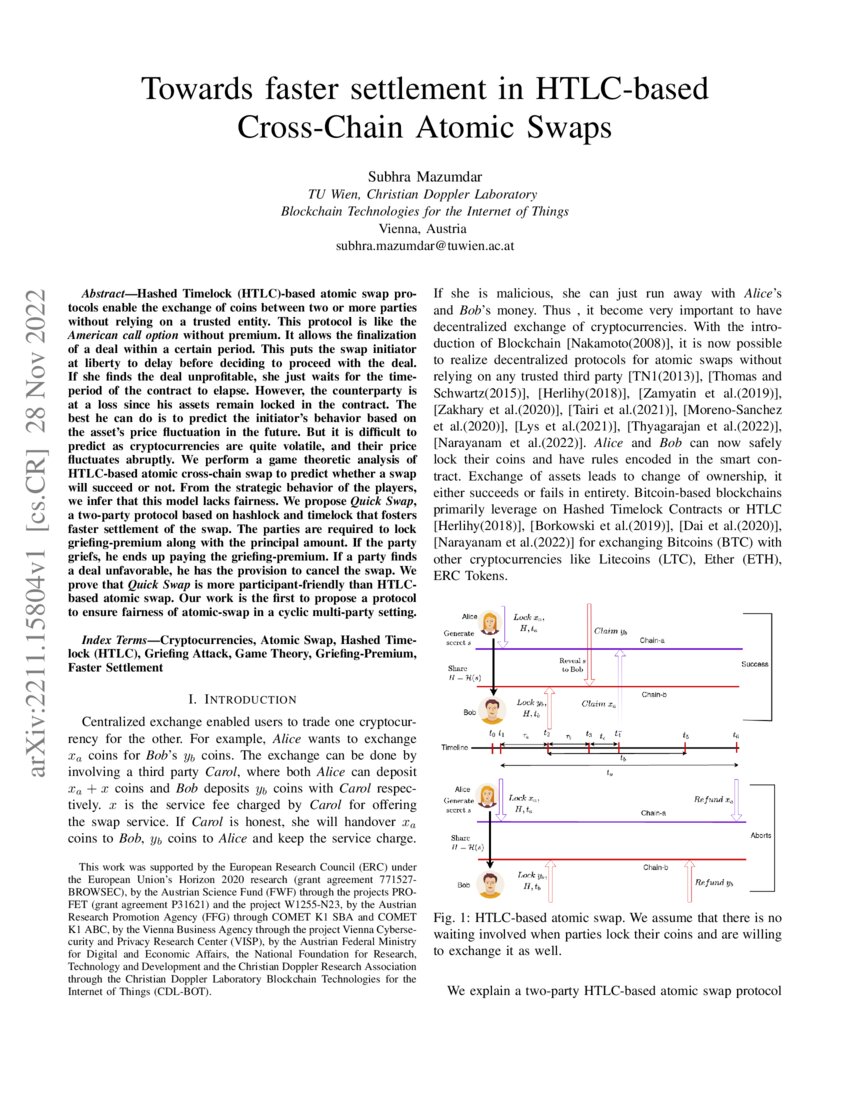 Towards faster settlement in HTLCbased CrossChain Atomic Swaps DeepAI