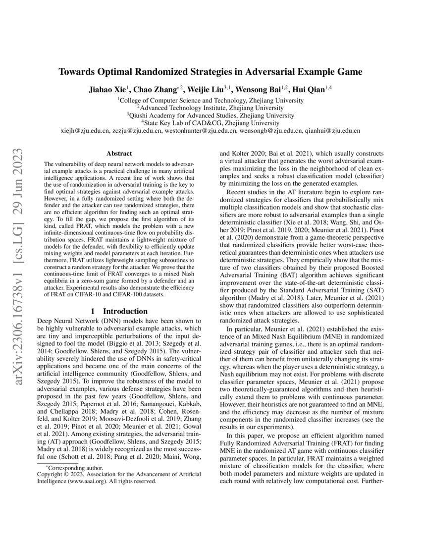 Towards Optimal Randomized Strategies in Adversarial Example Game | DeepAI