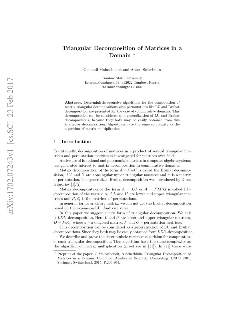 Triangular of Matrices in a Domain DeepAI