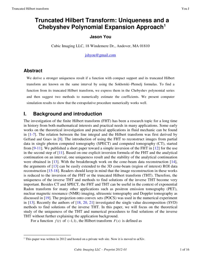 Truncated Hilbert Transform Uniqueness and a Chebyshev Polynomial