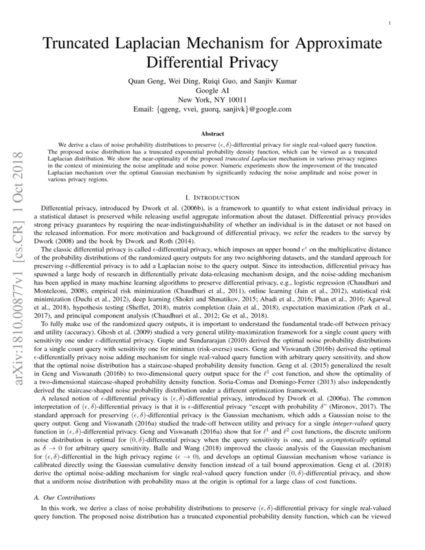 Truncated Laplacian Mechanism for Approximate Differential Privacy DeepAI