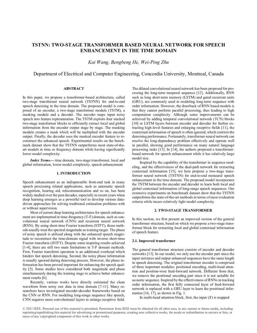 TSTNN Twostage Transformer based Neural Network for Speech